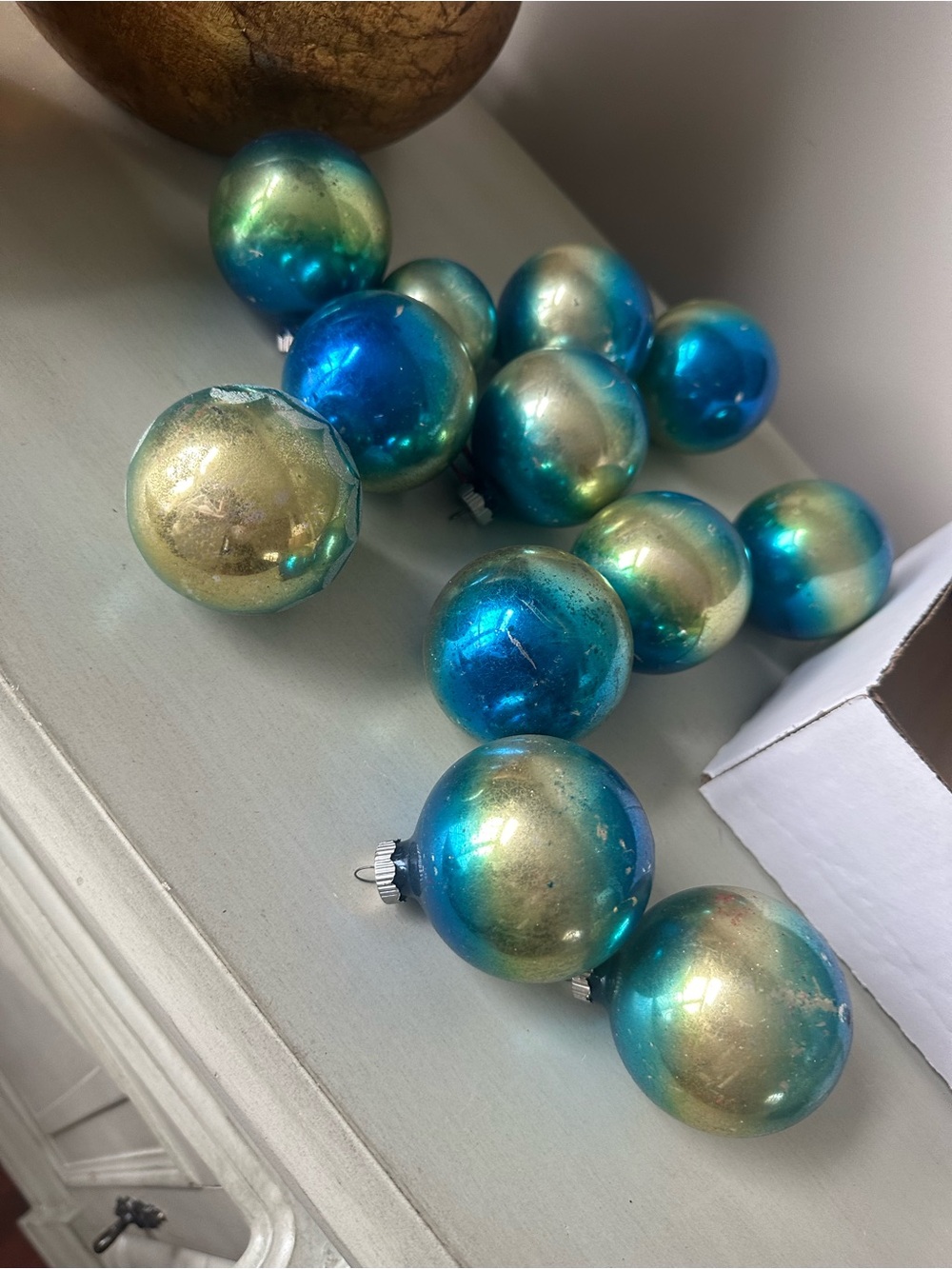 Vintage shiny brite blue gold ombré glass Christmas ornaments lot